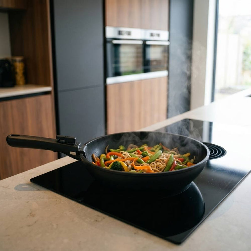 Roerbakgerecht in een CuliStack wokpan op een inductiekookplaat zonder wokbrander