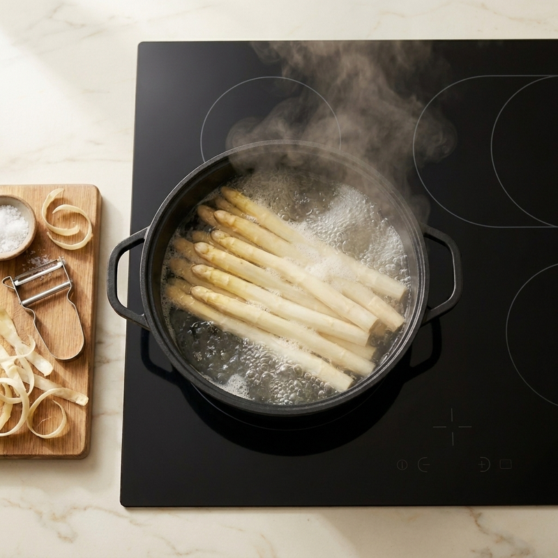 Gekookte witte en groene asperges in een pan, met kooktijden