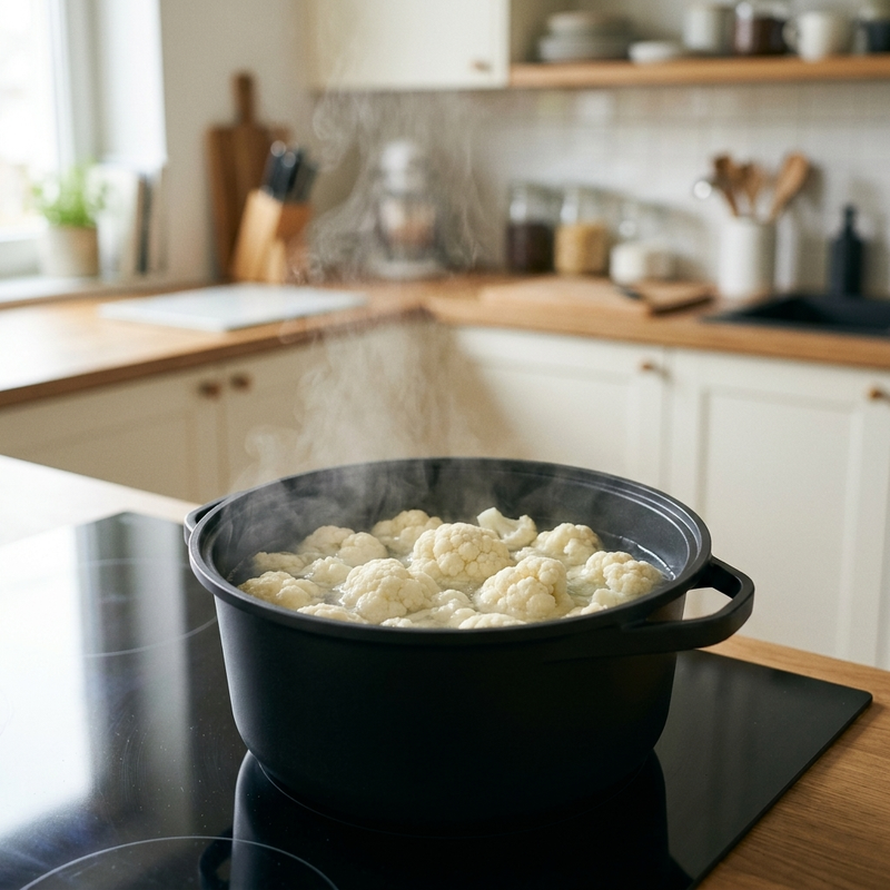 Gekookte bloemkool in roosjes in een pan
