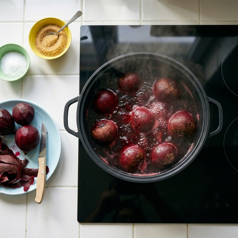 Gekookte bietjes in een pan, met kooktijden per soort biet