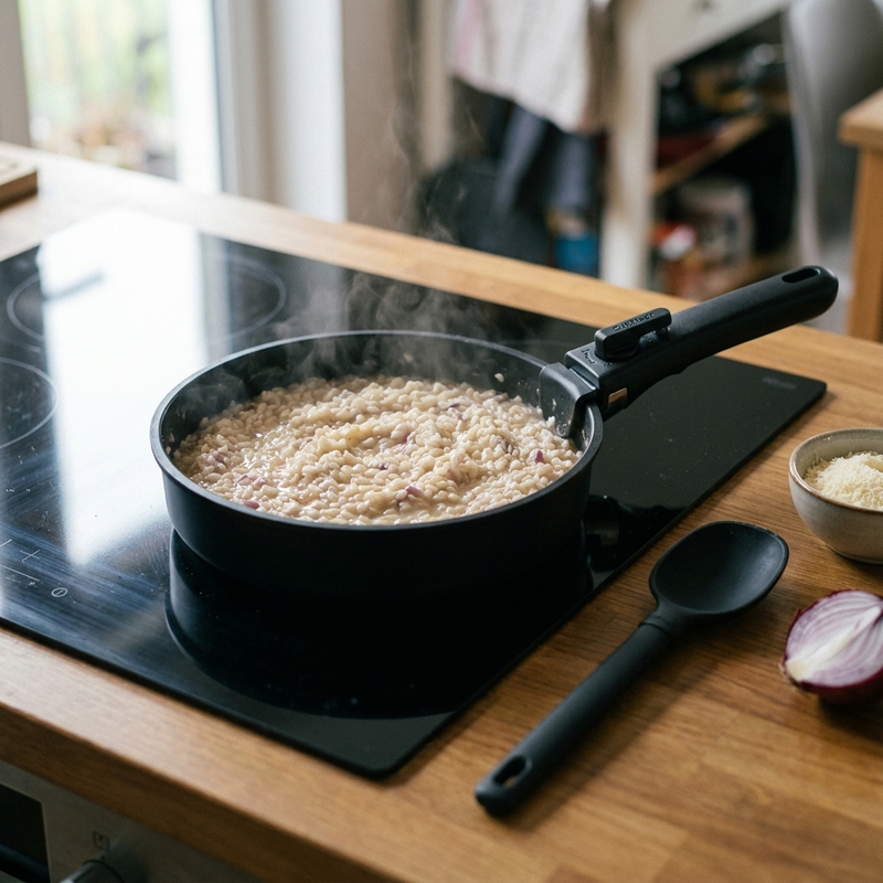 Romige risotto roeren in een CuliStack hapjespan