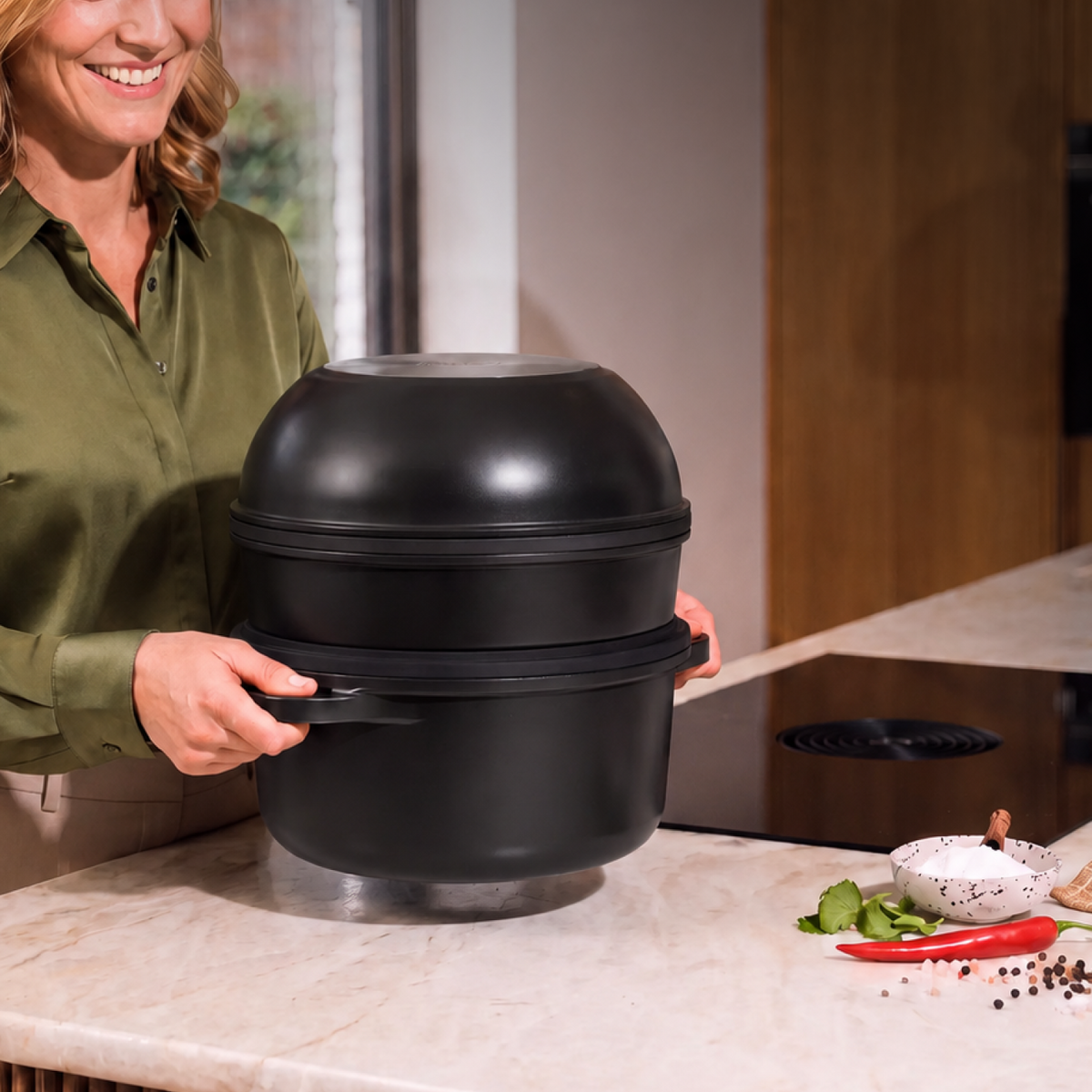 Complete CuliStack stackable cookware set with detachable handles