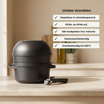 Unieke voordelen CuliStack. Stapelbaar & ruimtebesparend, PFOA en PFAS vrij, Alle kookplaten incl. inductie, vaatwasserbestendig, ovenbestendig tot 220 graden