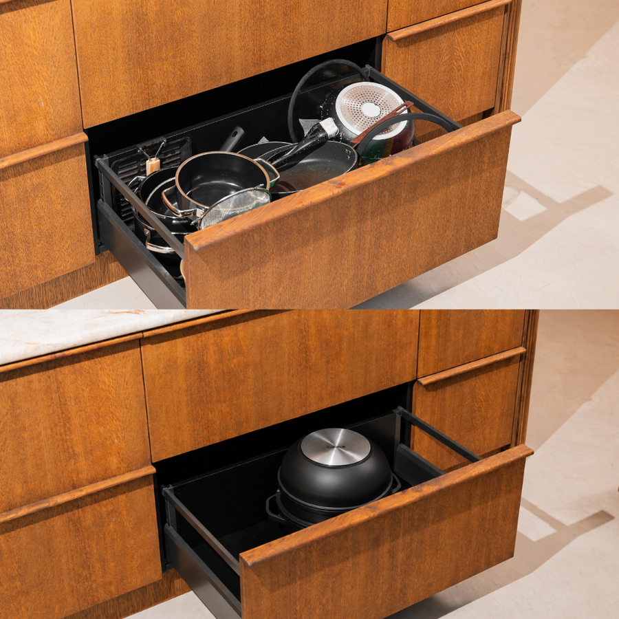 Stackable CuliStack pans that fit as a single tower in a kitchen drawer