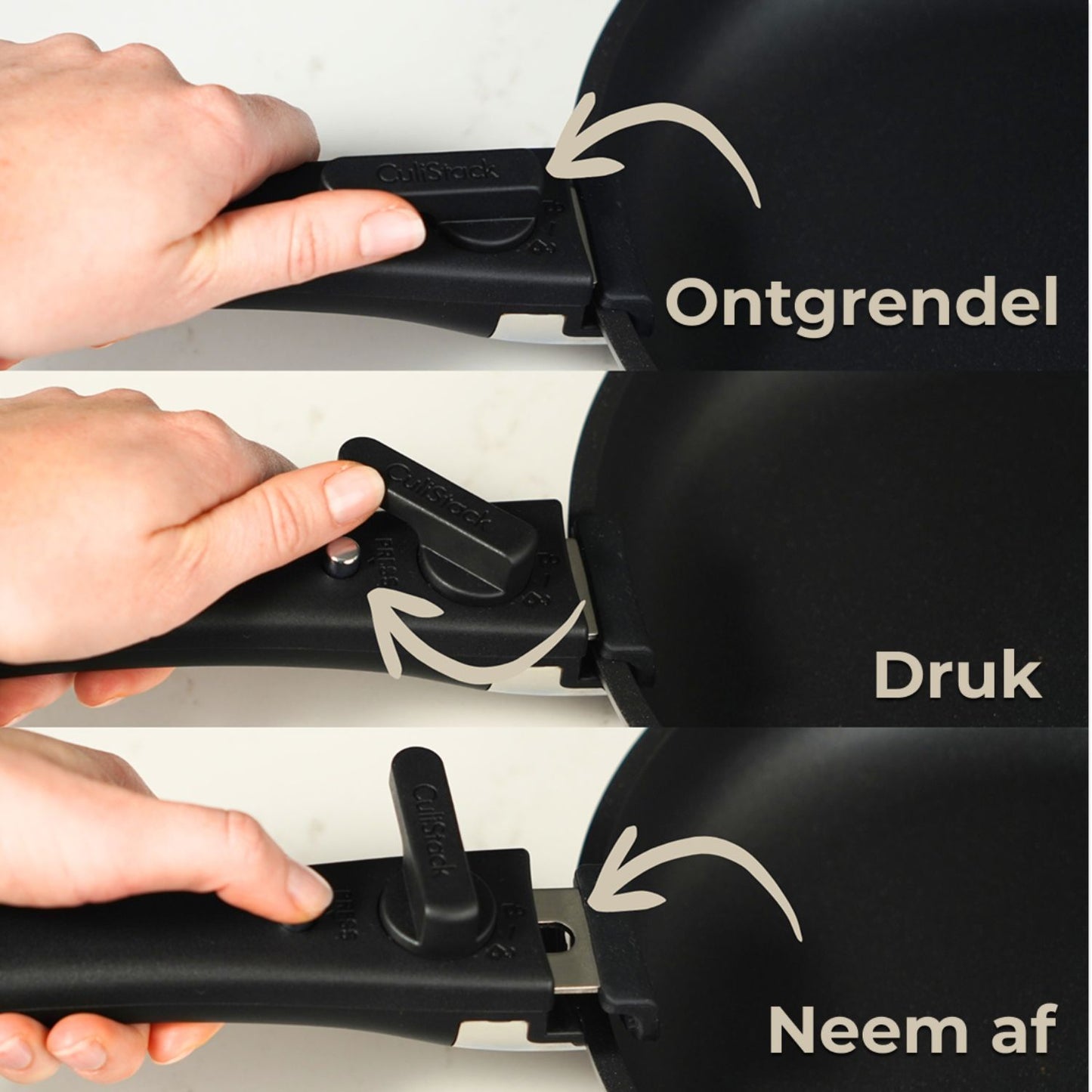 CuliStack ClickGrip afneembaar handvat in detail op koekenpan