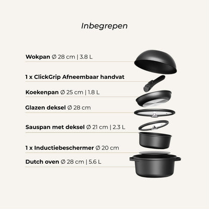 Inhoud van de CuliStack Essential Pannenset 8-delig overzicht