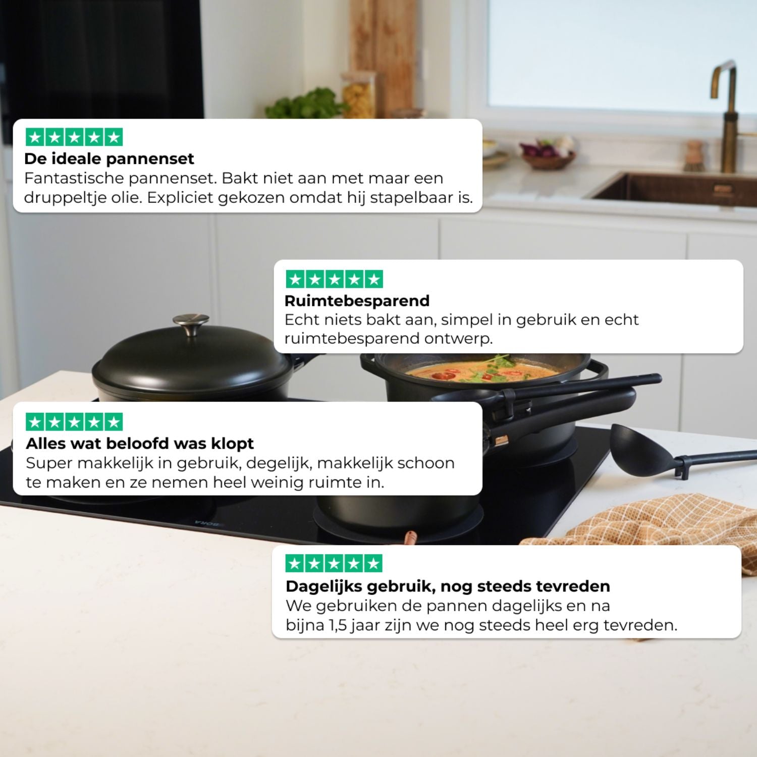 Trustpilot reviewscore voor CuliStack pannensets met klanttevredenheid in sterren